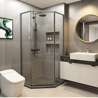 Paroi de salle de bain moderne en verre en forme de diamant, porte coulissante étroite utilisée pour séparer les zones sèches et humides dans les salles de douche d'hôtel