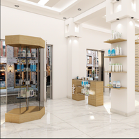 Étagère de présentation de pharmacie sur mesure de haute qualité, écologique, avec éclairage LED, design moderne en placage de bois MDF pour l'aménagement intérieur de magasins médicaux