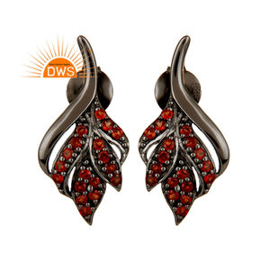 Unique Leaf Design Black Oxidized Solid <b>Silver</b> <b>Stud</b> Earrings Pave Set Garnet Gemstone Earrings Jewelry Supplier - Product Image 1