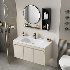 Mueble de Baño Moderno de Aleación de Aluminio Impermeable en Color Blanco Crema con Espejo LED Inteligente y Lavabo de Cerámica - Product Image 4