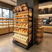 Étagère murale de présentation pour boulangerie commerciale, en acier et bois, armoire latérale pour pain, présentoir multi-compartiments pour pain emballé et en-cas