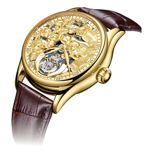 Montre mécanique squelette pour homme 42 mm avec tourbillon, micro-gravure 3D cochon doré et diamants véritables - Product Image 4