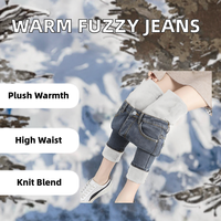 Jean en denim tricoté décontracté d'hiver pour femme, taille haute, coupe droite, épais, chaud, doux et moelleux, écologique, idéal pour le fitness