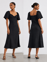 Vestido Midi de Lino Negro con Cuello Cuadrado y Nudo Frontal con Volantes y Manga Corta, Novedad de Verano 2026, Gran Venta en EE. UU. y Australia