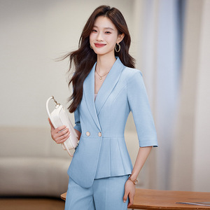 Women's Suit Set Light Blue Three Quarter Sleeve Anti-Wrinkle Office Lady Spring Wear - Product Image 4