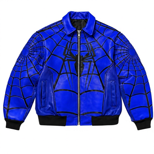 Blouson Bomber Homme Spider-Man en PU, Motif Toile Bleue, Fermeture Éclair, Col Rabattable, Style Streetwear Automne - Product Image 1