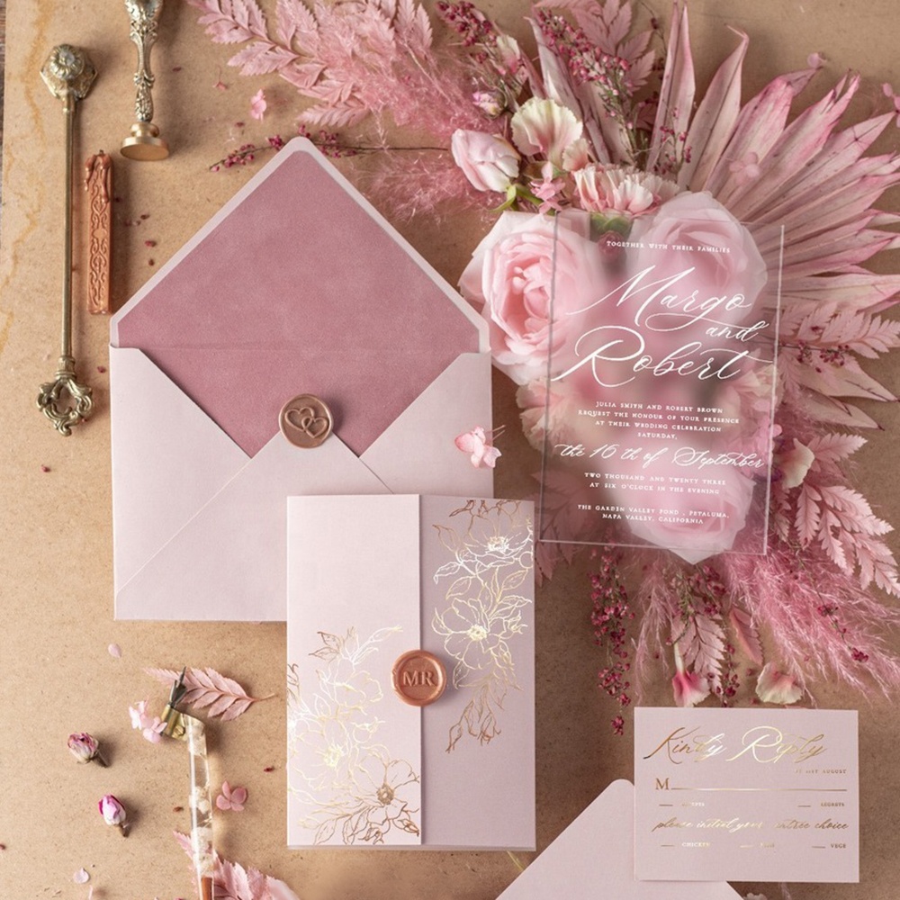 Sobre de terciopelo rosa para invitación de boda, venta al por mayor, tarjeta de invitación de boda con diseño floral VellumFloral, bajo pedido mínimo