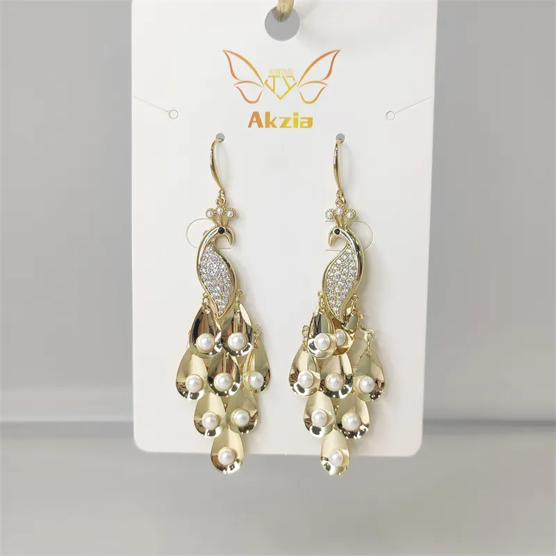 Wholesale Gold Peacock Dangle Earring Handmade Jewelry Pearl feather Statement Earring for Women