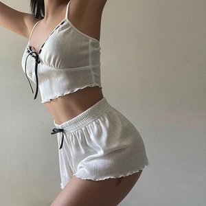BM Estilo Moda Verão Conjunto de Duas Peças Europeu Americana Sweet Girl Estilo Bow Ears Suspender Vest Shorts Lace Pijama - Product Image 4
