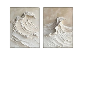 Cuadro de pared de ondas oceánicas en blanco y beige, pintura al óleo texturizada moderna con textura pesada para decoración interior de villas - Product Image 1
