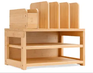 Organizer Meja Bambu dengan Pemegang Berkas 3-Tier Kantor Sekolah Organizer untuk Meja dengan Pemegang Pena Disesuaikan Kotak Penyimpanan Kayu