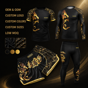 Conjunto de 4 Piezas Black Gold <span class=keywords><strong>Dragon</strong></span>: Shorts de Muay <span class=keywords><strong>Thai</strong></span>, Rashguard, Pantalones de Compresión, Logotipo Personalizado, OEM, ODM, MOQ Bajo, Directo de Fábrica - Product Image 5