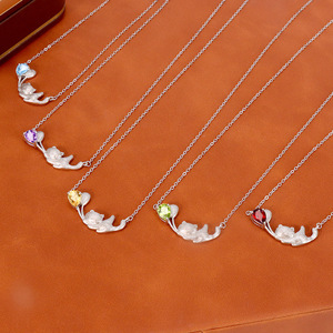 9 Colliers pour filles en argent sterling 925 plaqué rhodium, avec pierres naturelles taillées en poire de 5*7mm, finition mate brossée, motif chat mignon - Product Image 5