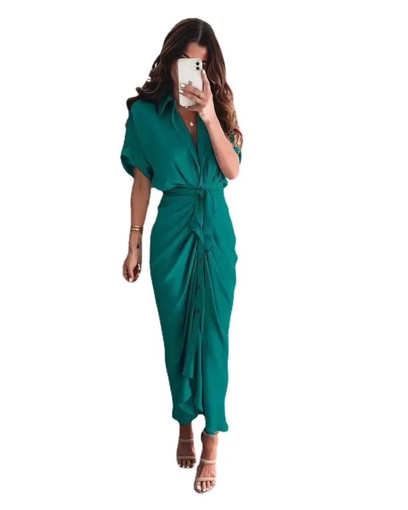Wholesale Casual V-neck Short Sleeve Plus Size Button Up Ruffle Satin Maxi Dress With Belt