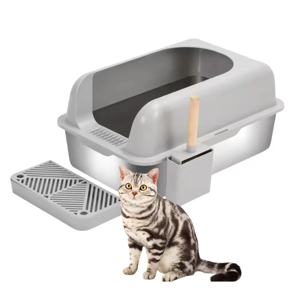 Caixa de areia portátil semi-fechada para gatos, caixa de areia XL de aço inoxidável para gatos grandes, fácil de limpar