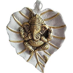Wall <b>Hanging</b> Hand-carved <b>White</b>-Golden Metal Ganesha for Home or Office Decor - Product Image 2