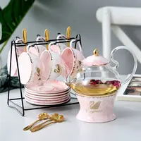 Marbling ריחני קומקום קרמיקה חימום ורוסיליקט שחור תה כוס צלוחית ברבור ציור זהב פרח תה סט קפה סט