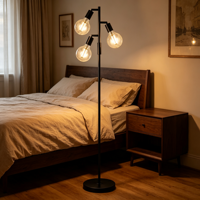 Lampe sur pied industrielle à 3 têtes avec ampoules apparentes, en métal noir, douille E27, style vintage Edison, pour salon