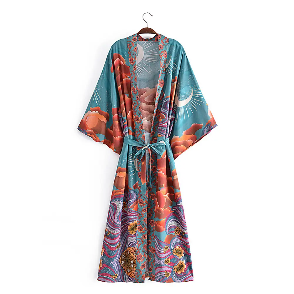 Bohemian Beach Style Vintage design moon print flare sleeve kimono ladies fashion bohemian rayon cardigan dress for women