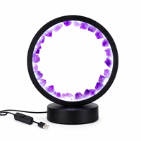 Lampe de nuit en cristal d'améthyste naturelle, forme ronde, lumière blanche froide, prise USB, base noire, décoration
