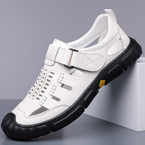 Men's <b>Closed</b> <b>Toe</b> Breathable Genuine Leather Flat <b>Sandals</b> Casual Summer Outdoor Shoes With Strap White Size 42 - Product Image 1