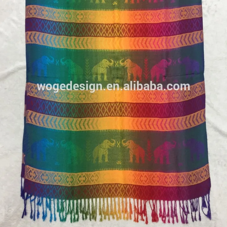 Fashion modern thai desin womens polyester rayon fringes hijab scarf supplier jacquard geometric elephant rainbow pashmina shawl