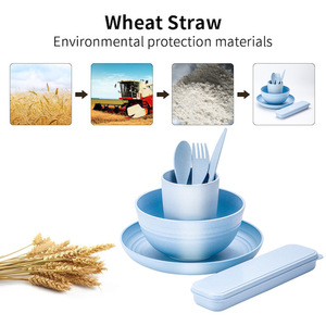 Hot Sale Unbreakable Dinnerware Sets 28pcs Placas Tigelas para <span class=keywords><strong>Camping</strong></span> Kids Portable Wheat Straw Dinnerware Sets - Product Image 5