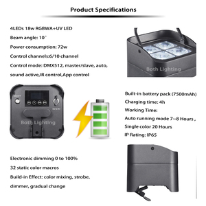 Fari da Esterno S4 Mini IP65 <span class=keywords><strong>4</strong></span>*18W RGBWA UV LED a Batteria, <span class=keywords><strong>4</strong></span> Pezzi con Borsa, per Matrimoni, DJ, Eventi, Impermeabili - Product Image 3