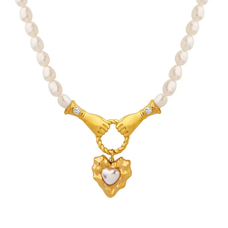 AIZL design unico francese naturale catena di perle d'acqua dolce mano tenere cuore colore vetro perline ciondolo collana di moda personalità