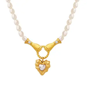 AIZL Unique design French natural freshwater pearl chain hand hold heart glass color beads pendant personality fashion necklace