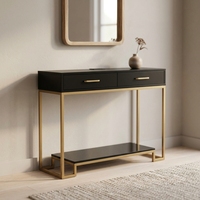 Table console contemporaine en MDF avec plateau en bois et étagère de rangement, finition métallique dorée, pour salon et appartement (vente en gros)