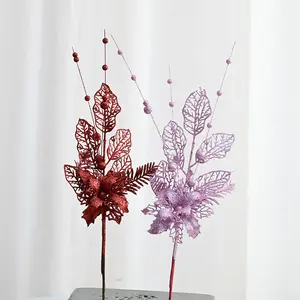 Neues Weihnachtszubehör goldene rote Beere Bohnenzweig Zweig für DIY Weihnachten handgefertigter Blumenstrauß Dekoration künstliche Blume