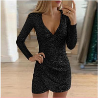 Gaun Glitter Perak Seksi untuk Wanita Gaun Bodycon Payet Leher V Dalam Gaun Pesta Lengan Panjang Musim Gugur Musim Dingin