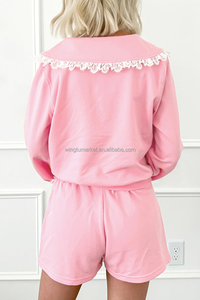 ชุดเซ็ตกระโปรงสองชิ้นสีชมพูสไตล์ Coquette สำหรับผู้หญิง เสื้อสเวตเชิ้ต<span class=keywords><strong>ครึ่ง</strong></span>ซิปแต่งลูกไม้สุดน่ารัก พร้อมกระโปรงสั้นสไตล์ Preppy - Product Image 3