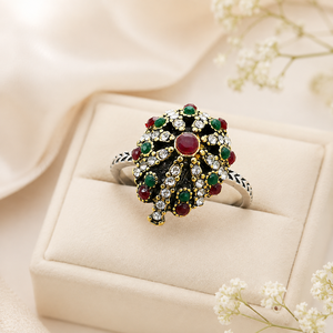 Anello retrò turco con pietre bicolore, gioiello classico da donna per l'uso quotidiano - Product Image 4