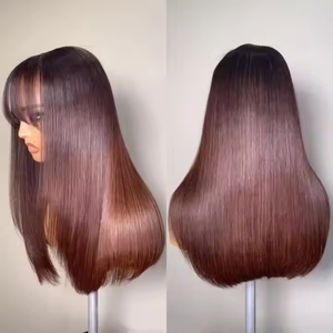 Perruque brésilienne vierge en <span class=keywords><strong>cheveux</strong></span> humains brun foncé, soyeuse, lisse, SDD Double Drawn, avec <span class=keywords><strong>frange</strong></span> et closure en dentelle HD 2x6 - Product Image 3