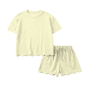 GSSO3178 Vente en gros personnalisée Petite fille orange uni Imprimé été coton Tenues à manches courtes Ensemble de vêtements pour enfants - Product Image 4