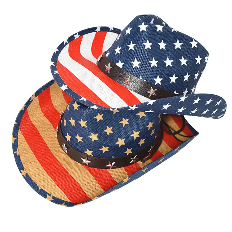 高品質のバルクアメリカ国旗プリントカウボーイハットワイドつば手作り麦わら帽子パーティージャズソンブレロス