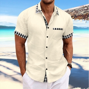 2024 été nouveau européen et américain hommes plage loisirs coton et chanvre poche épissage col à manches courtes <span class=keywords><strong>chemise</strong></span> - Product Image 5