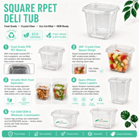 100% recyclebare transparante RPET vierkante delibakjes, wegwerpbaar, gerecycled plastic voedselverpakking met deksel voor fruitsalade, salsa, noten