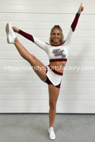 Uniforme de cheerleading personnalisé blanc avec strass, ensemble deux pièces (haut court et jupe) avec découpe en forme de pomme au dos, manches longues pour la compétition
