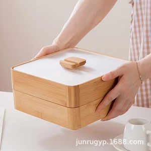 Caja de almacenamiento de madera con compartimentos, organizador de escritorio rectangular para refrigerios y dulces, material de bambú - Product Image 3