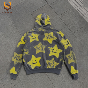 Sweat-shirt à capuche zippé pour homme, coupe oversize, style streetwear, imprimé en relief personnalisé, effet délavé vintage, style Y2K grunge, effet usé - Product Image 3