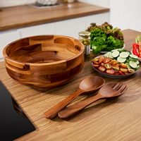 Saladier avec 2 mains en bois Bol de service en bois d'acacia avec ustensiles de service pour fruits, salade, pâtes pour comptoir de cuisine