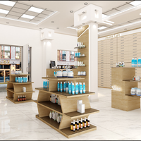 Étagère de présentation de pharmacie sur mesure de haute qualité, écologique, avec éclairage LED, design moderne en placage de bois MDF pour l'aménagement intérieur de magasins médicaux
