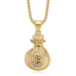 Colares de Joias de Moda Hip Hop Unissex com Pingente Bolsa de Dinheiro USD Cravejado com Zircônias, em Aço Inoxidável à Prova d'Água e Não Manchável, Atacado - Product Image 5
