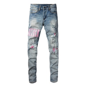 Jeans da Uomo di <span class=keywords><strong>Marca</strong></span> Trendy Stile Europeo-Americano, Strappati e Patchwork, Vintage con Lettere, Elasticizzati, Slim Fit, Traspiranti, Estivi - Product Image 6