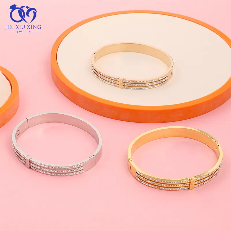 JXX 24K Gold Stainless 3 Rows Of Pave-set Zirconias Refined Elegant Steel Ladies Jewelry Bracelets Bangles For Women