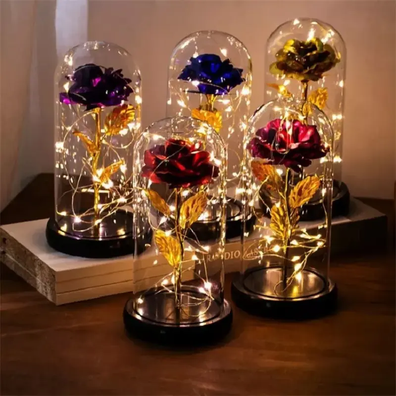 New Arrival Valentine Gifts Enchanted Golden Rose Led Lamp 24k Gold Foil Rose In Glass With Lights