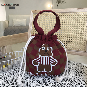 Landfonds tas penyimpanan kotak makan siang portabel, kantong serut Lemon rajut desain kreatif luar ruangan lucu - Product Image 6